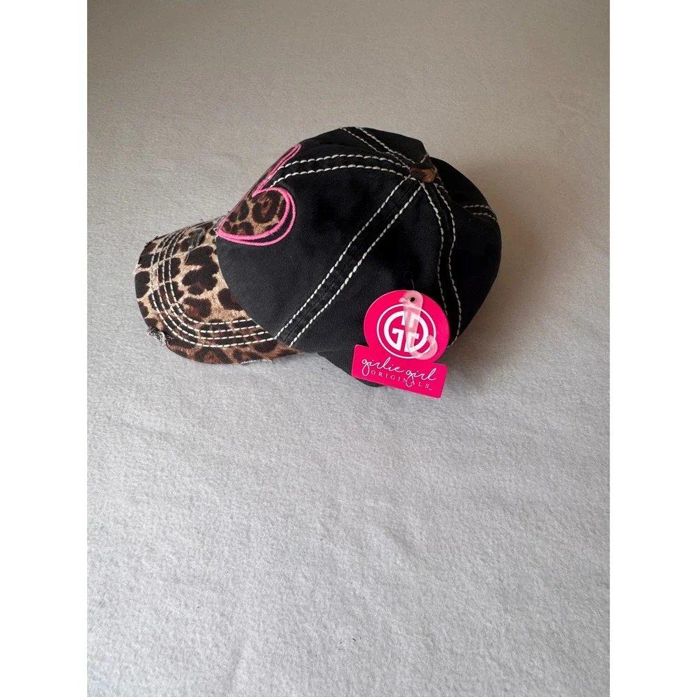 Love Girl Leopard Heart Distressed Baseball Cap Black Pink Animal Print Hat